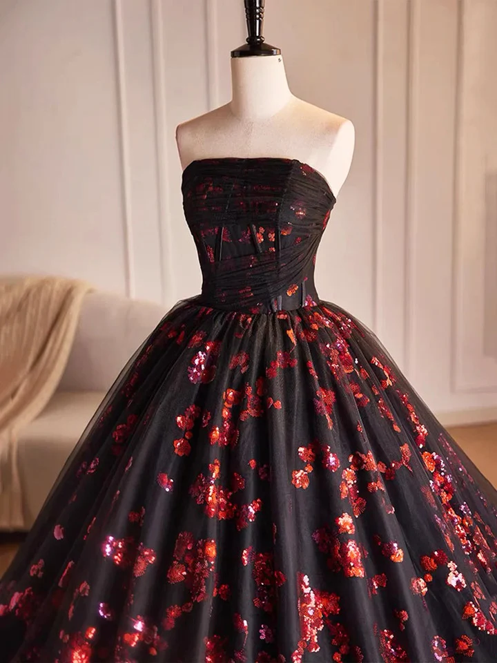 Black and Red Floral Tulle Long Strapless Formal Sweet 16 Dress B647