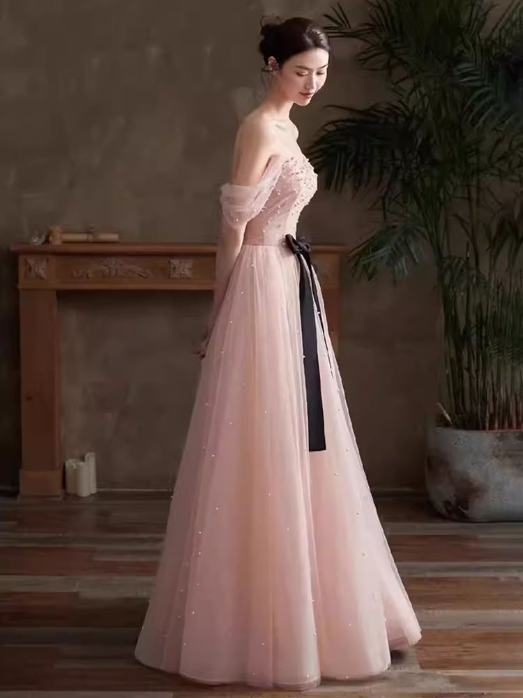 Lovely A line Pink Tulle Cap Sleeves Long Prom Dress B654