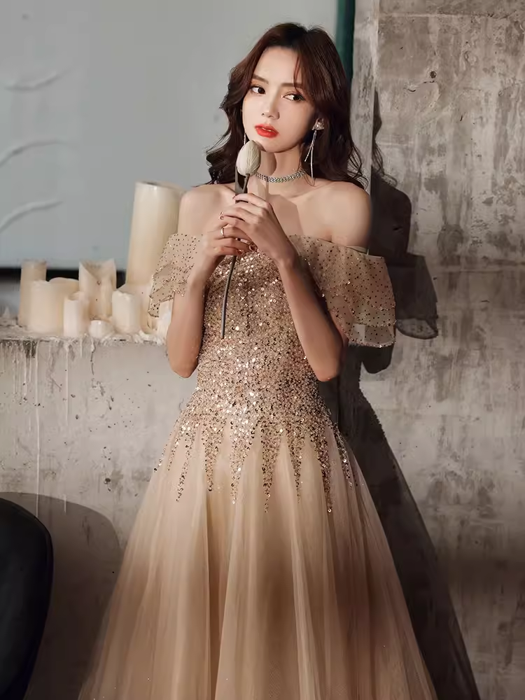 Lovely A line Off The Shoulder Tulle Cap Sleeves Champagne Prom Dress B655