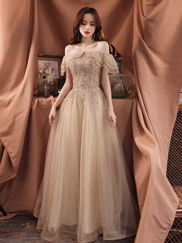 Lovely A line Off The Shoulder Tulle Cap Sleeves Champagne Prom Dress B655
