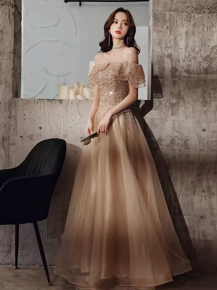 Lovely A line Off The Shoulder Tulle Cap Sleeves Champagne Prom Dress B655