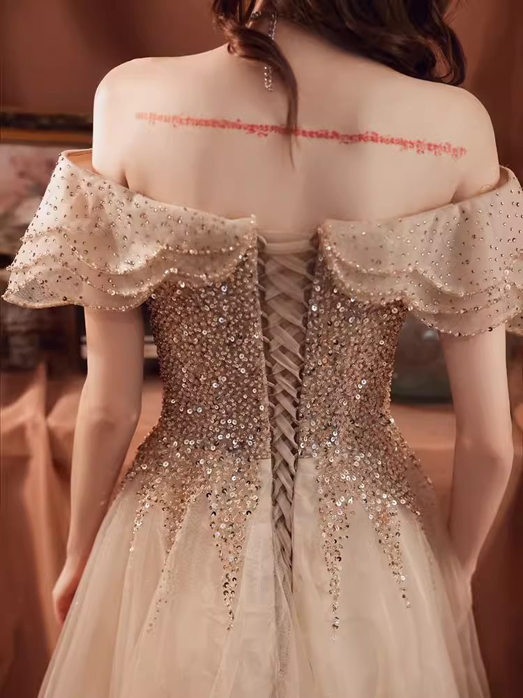 Lovely A line Off The Shoulder Tulle Cap Sleeves Champagne Prom Dress B655