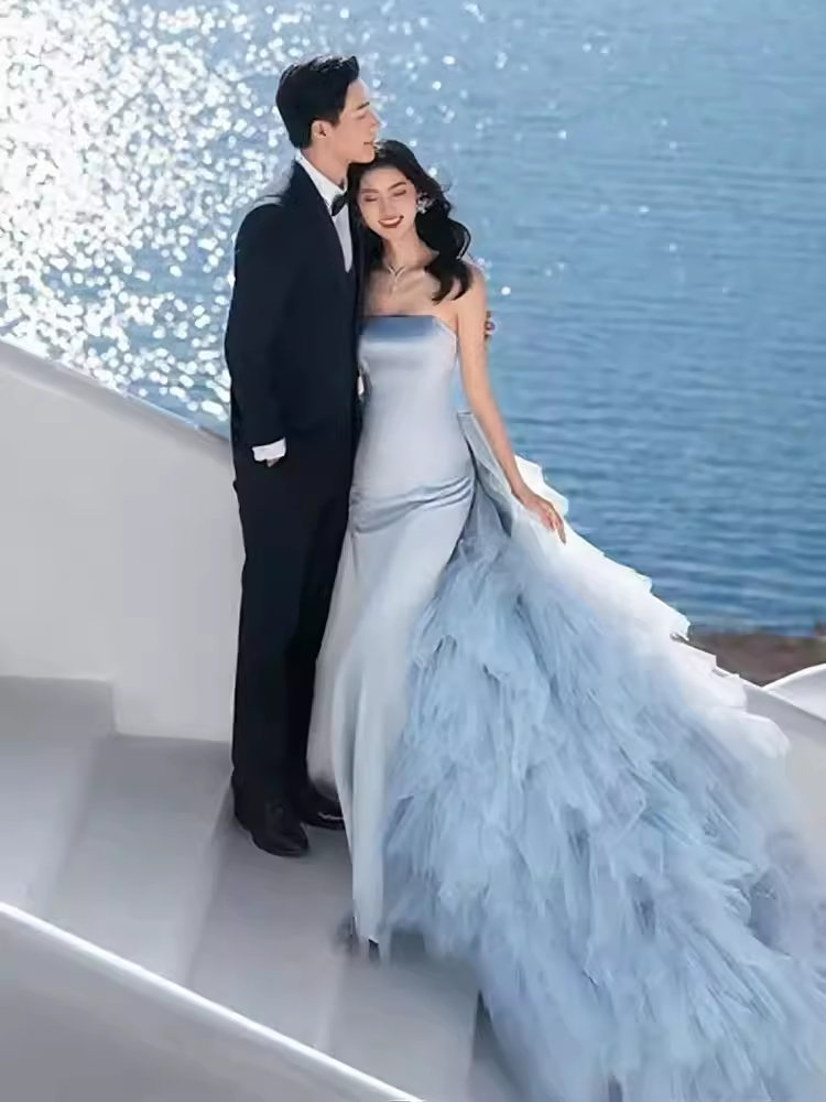 Sexy Mermaid Strapless Blue Satin Long Prom Dress B660