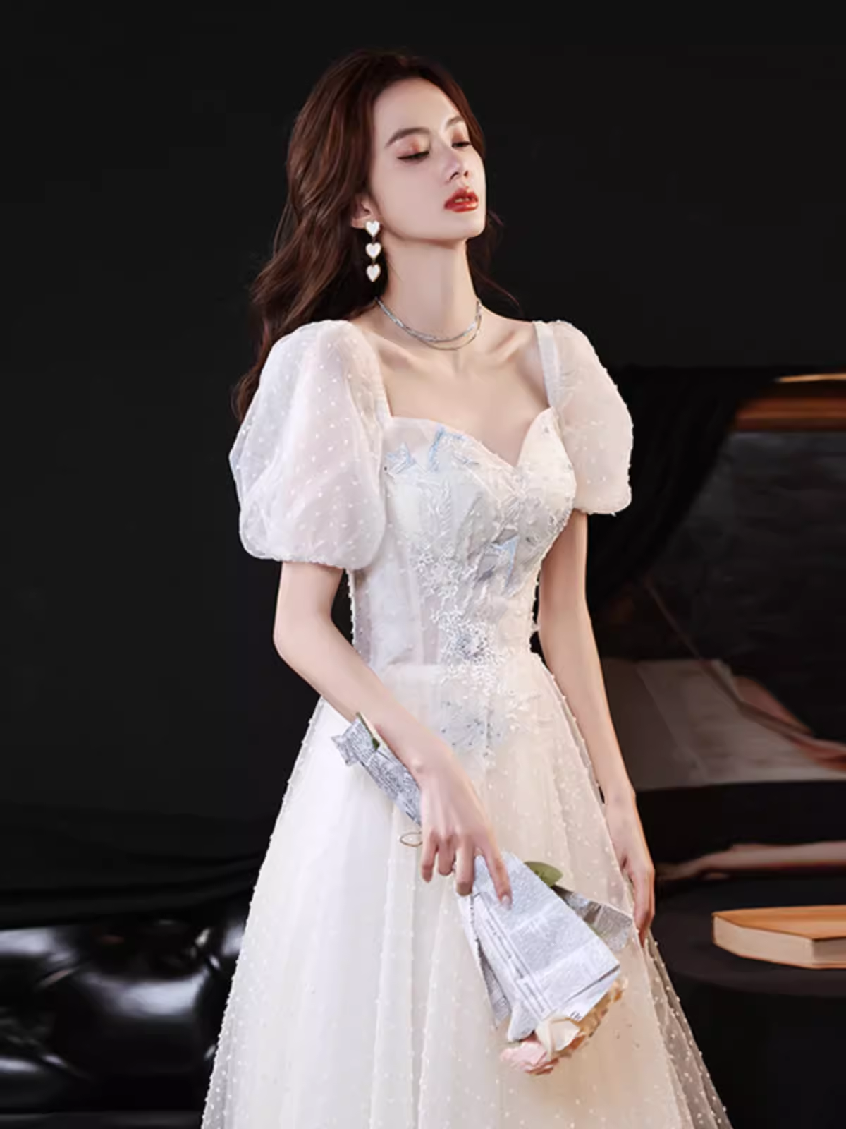 Cute A line Short Sleeves White Long Prom Dress B678