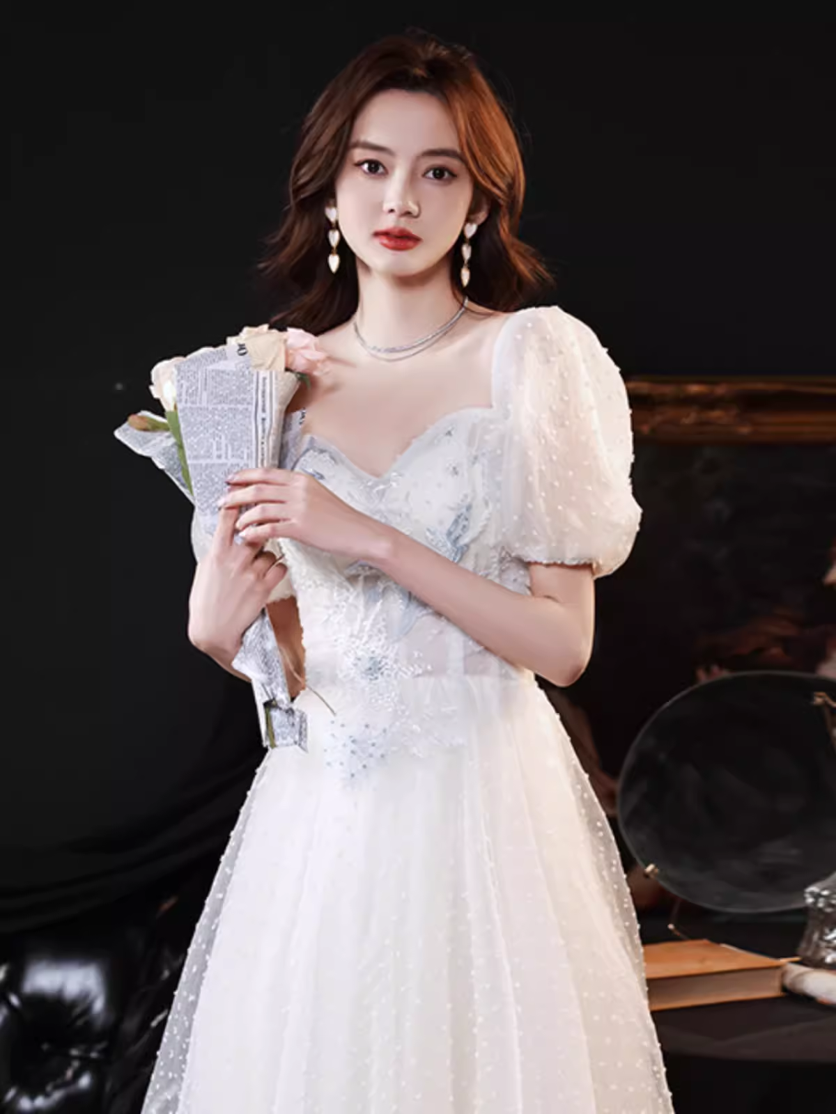 Cute A line Short Sleeves White Long Prom Dress B678