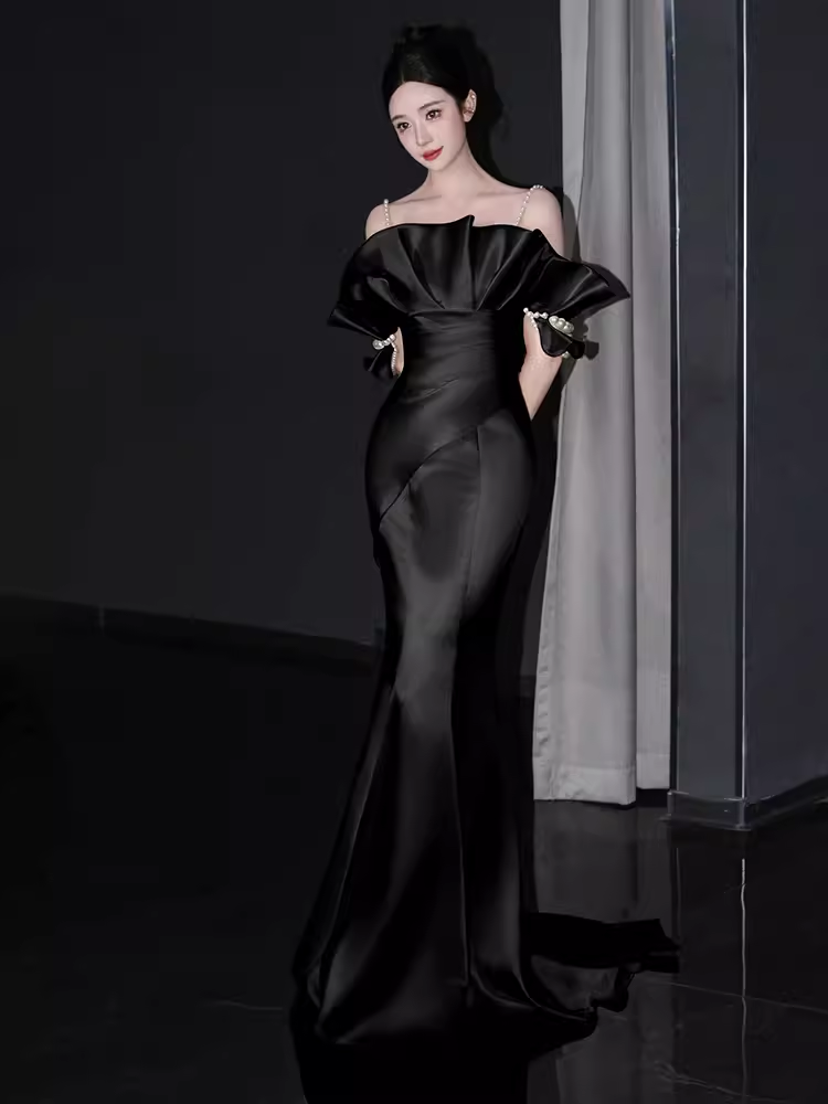 Simple Satin Long Mermaid Prom Dress Spaghetti Straps Party Dress B358
