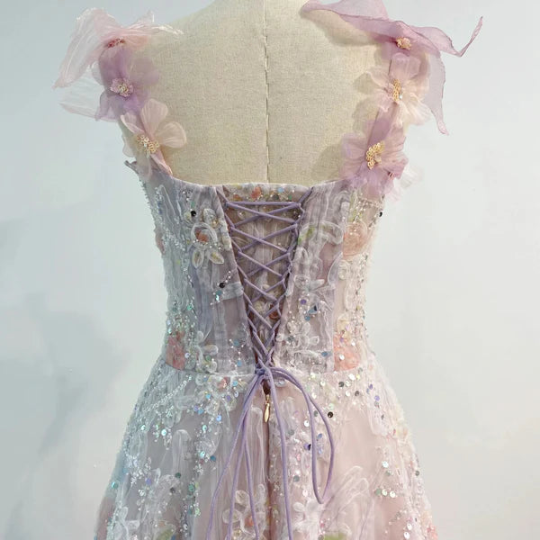 Robe de soirée longue rose à bretelles et paillettes vintage C2012