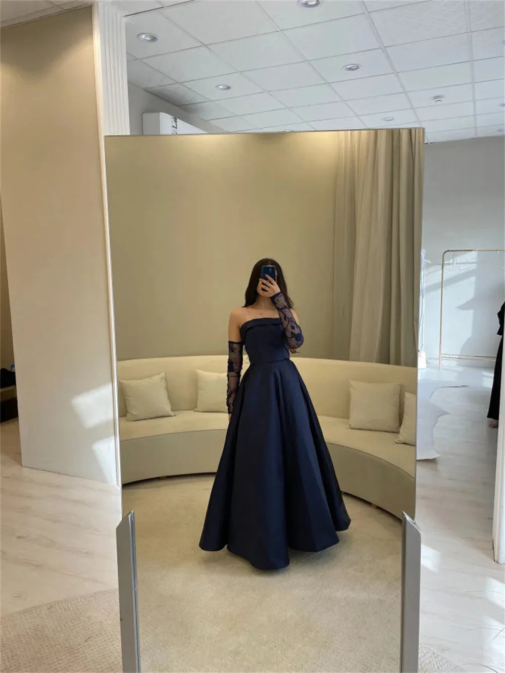Modest Ball Gown Navy Blue Strapless With Long Sleeves Prom Dresses Long Evening Dress C2853