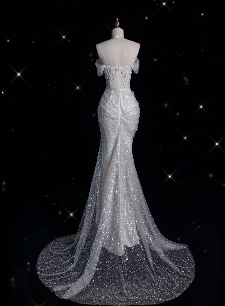 Robe de mariée sirène élégante, épaules dénudées, paillettes, longue, blanche, CC356