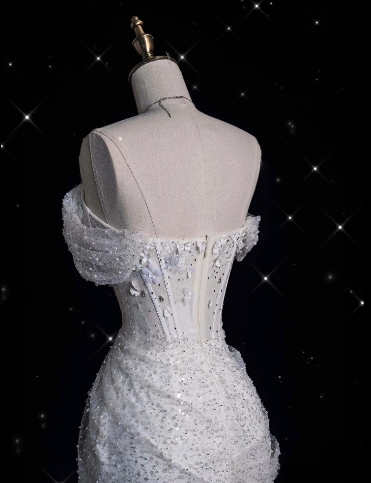 Robe de mariée sirène élégante, épaules dénudées, paillettes, longue, blanche, CC356