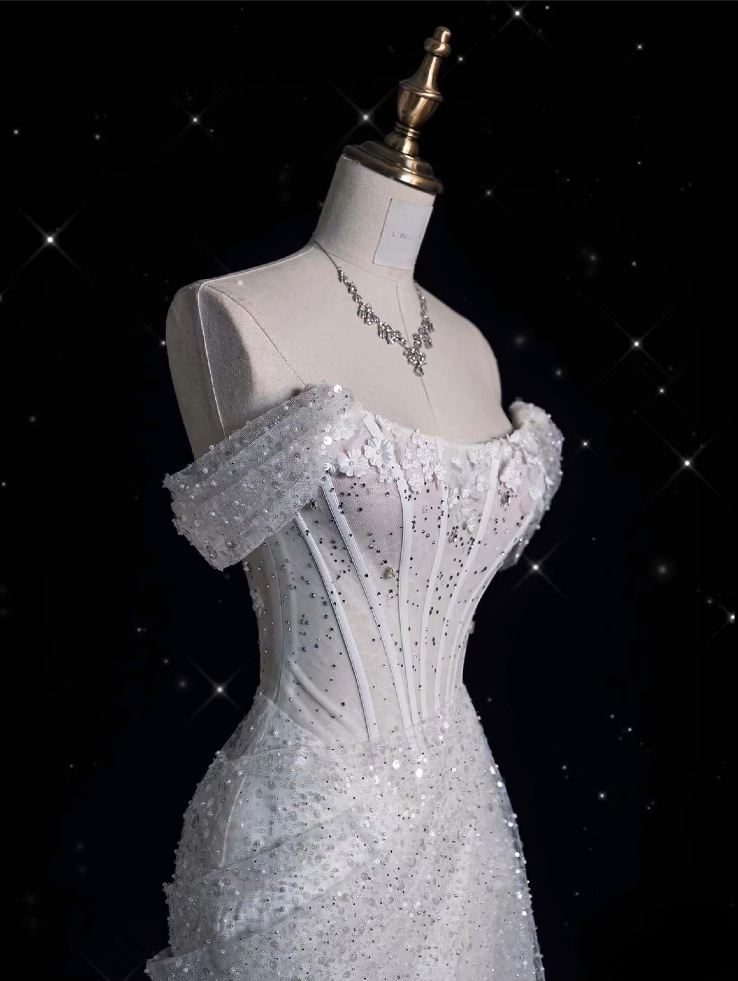 Robe de mariée sirène élégante, épaules dénudées, paillettes, longue, blanche, CC356