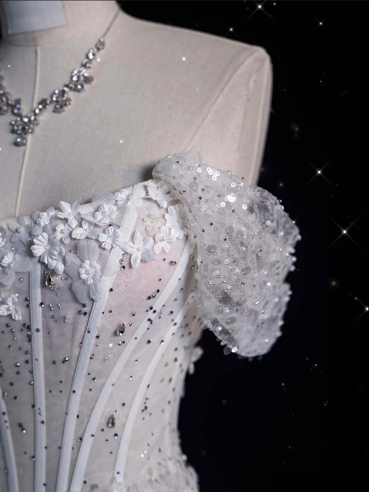 Robe de mariée sirène élégante, épaules dénudées, paillettes, longue, blanche, CC356