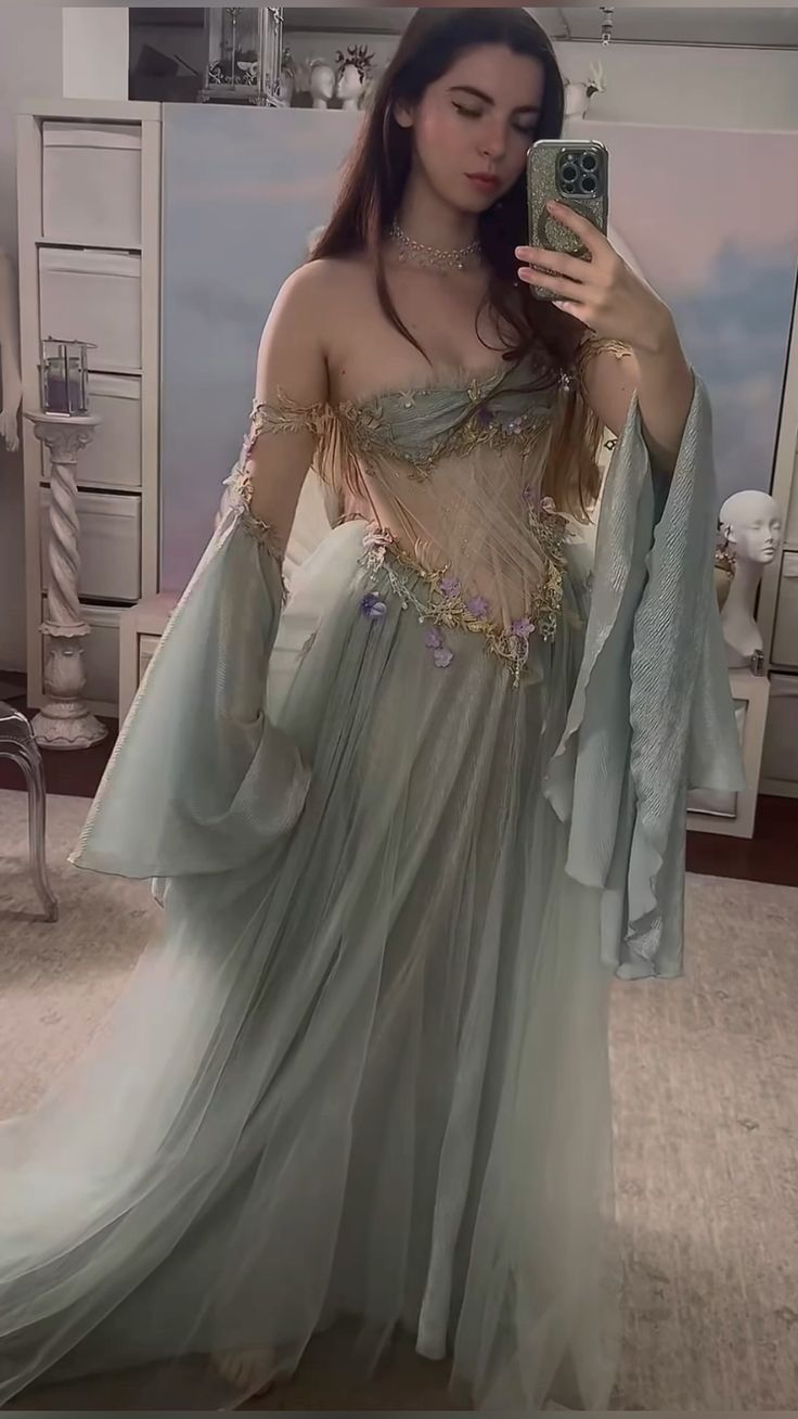 Robe de bal longue sans bretelles à épaules dénudées et manches longues, vert poussiéreux, longueur au sol, princesse C2856