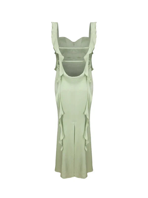 Simple Sheath Straps Sage Green Long Prom Dresses Evening Dress With Ruffles C2470