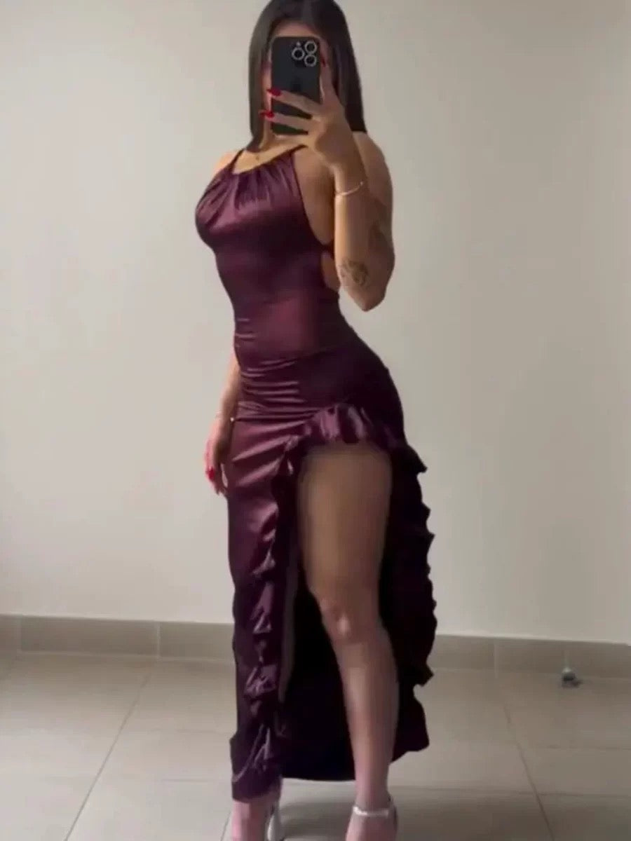 Vintage haut bas licou bordeaux tenues d'anniversaire robe de soirée C921