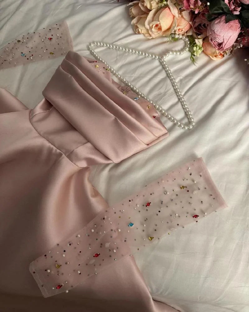 Modest A line Sweetheart Satin Pink Ruffles Long Prom Dress Evening Dresses C2008