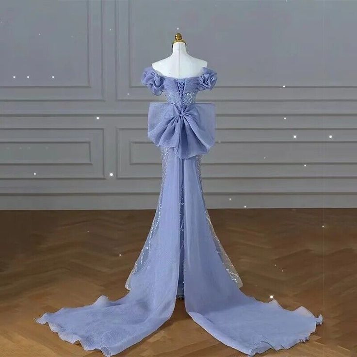 Robes de bal bleu scintillant avec nœud paillettes, épaules dénudées, robe de soirée formelle C300