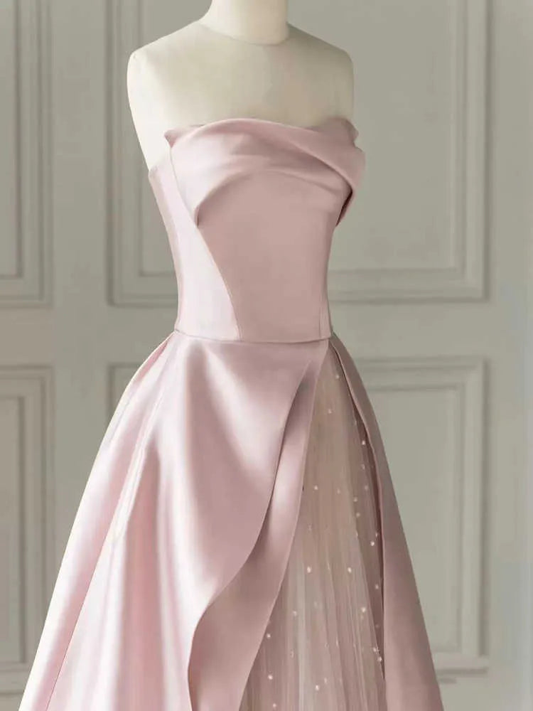 A-Line Satin Tulle Pink Long Prom Dress With Pearls B048