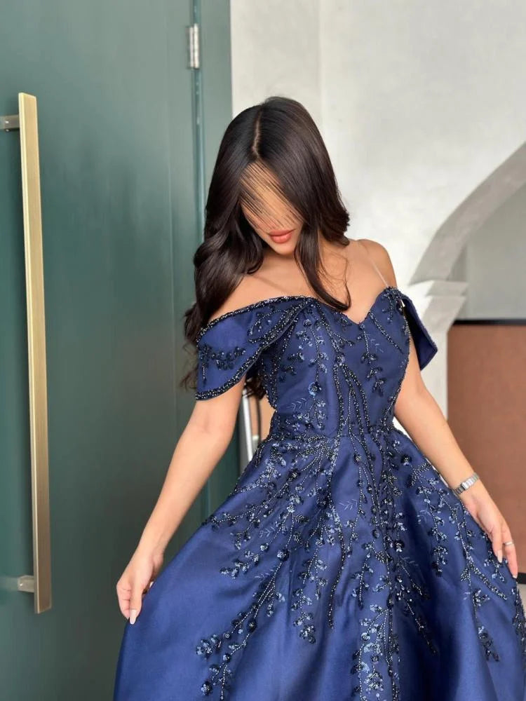 Vintage A line Off The Shoulder Navy Blue Satin Lace Long Evening Dress Prom Dresses C3683