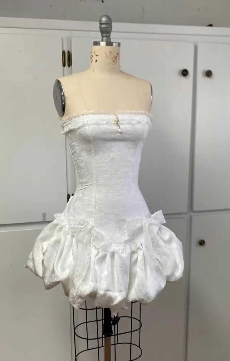 50s Vintage Sheath Strapless Lace Applique White Homecoming Dress Party Dress C1322