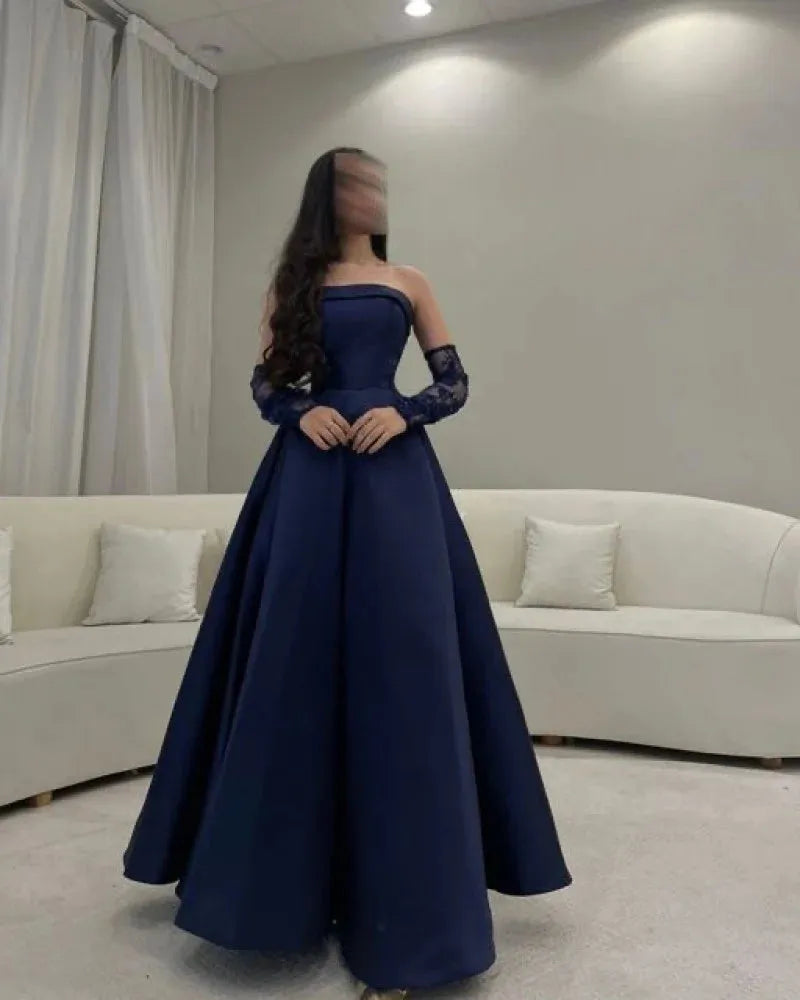 Modest Ball Gown Navy Blue Strapless With Long Sleeves Prom Dresses Long Evening Dress C2853