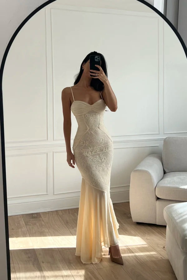 Vintage Mermaid Spaghetti Straps Ivory Lace Floor Length Prom Dresses Chiffon Evening Dress C3097