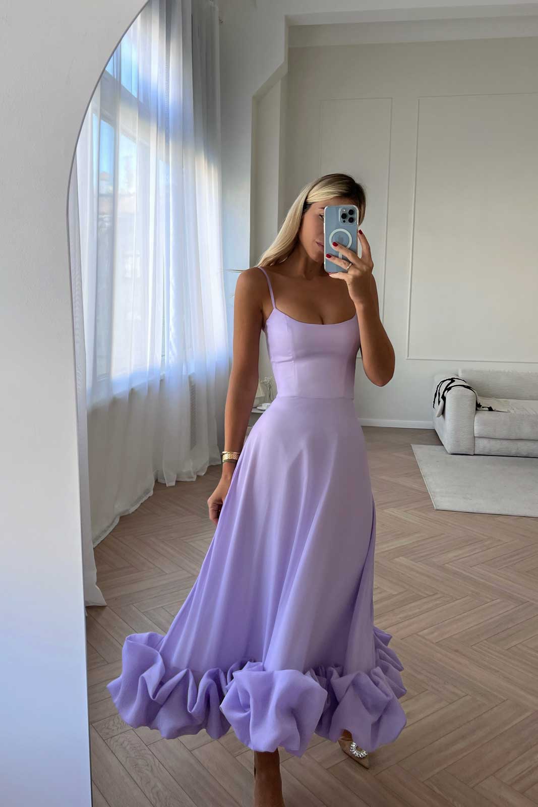 Vintage A line Spaghetti Straps Lilac Satin Evening Dress Ruffles Prom Dresses BD2492