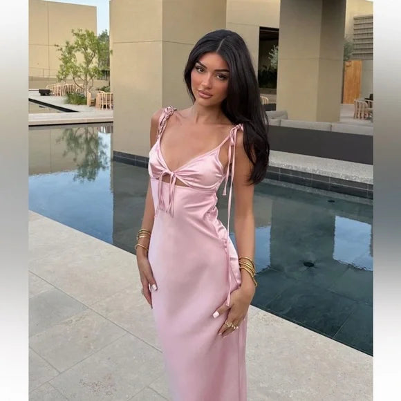 Vintage Sheath Spaghetti Straps Pink Satin Evening Dress Prom Dresses Long Birthday Outfits BD2505