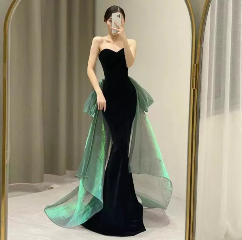 Robe de soirée longue en velours noir à col en cœur et sirène vintage avec nœud C3458