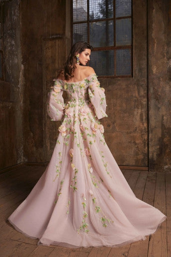 Robe de soirée élégante en tulle rose à épaules dénudées et manches longues, robe de bal, robe de soirée C3207