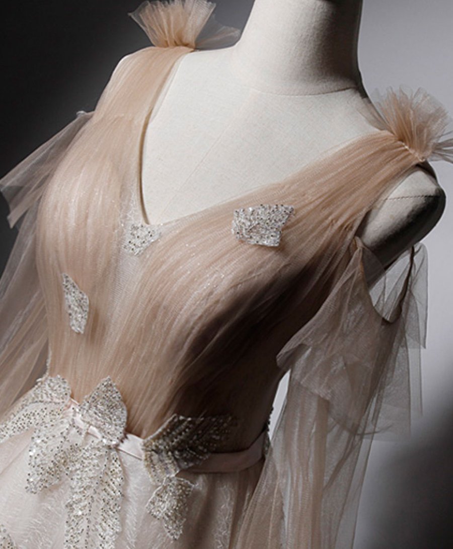 Robe de bal longue en dentelle et tulle, col en v, couleur champagne, robe de soirée BD117