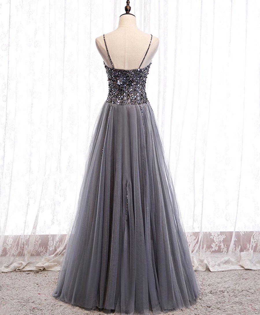 Gray sweetheart neck tulle sequin beads long prom dress BD65
