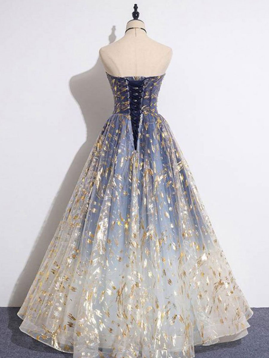 Blue tulle lace long prom dress blue tulle formal dress BD68