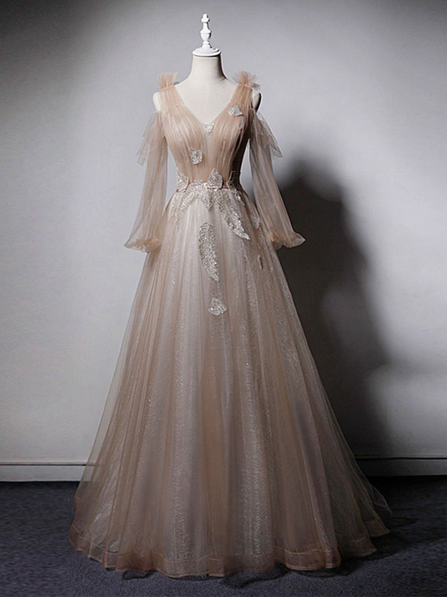 Robe de bal longue en dentelle et tulle, col en v, couleur champagne, robe de soirée BD117
