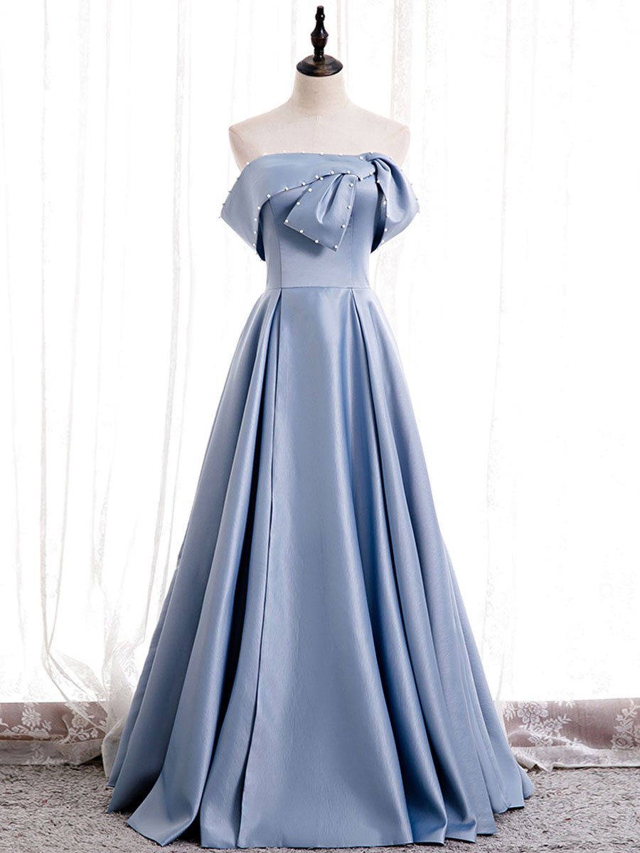 Robe de bal longue en satin bleu à épaules dénudées, robe de soirée bleue BD80