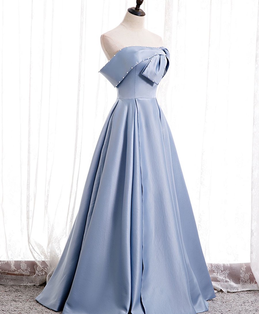 Robe de bal longue en satin bleu à épaules dénudées, robe de soirée bleue BD80