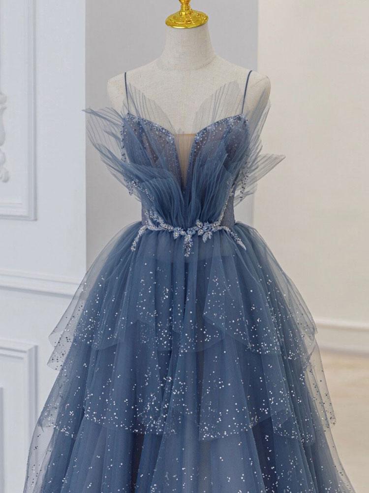 Gray blue tulle sequin beads long prom dress, blue evening dress BD13