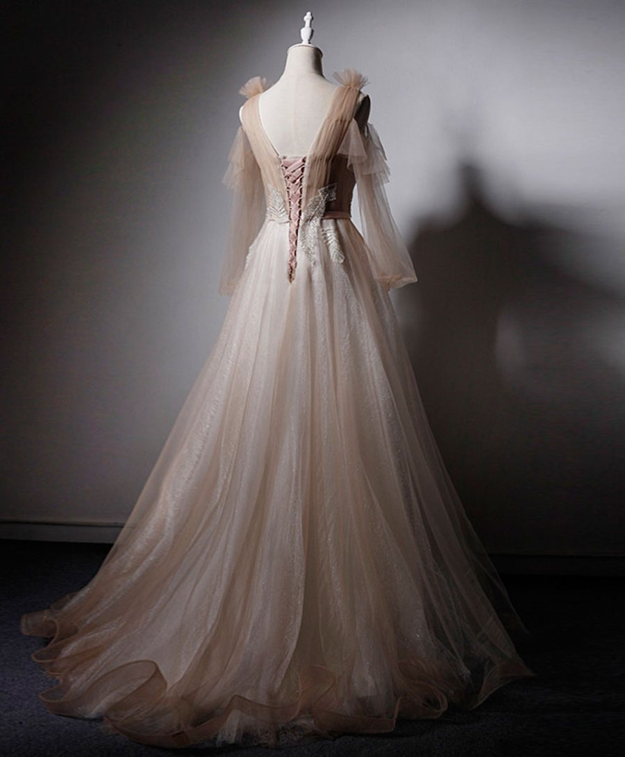 Robe de bal longue en dentelle et tulle, col en v, couleur champagne, robe de soirée BD117