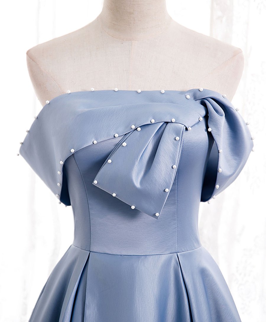 Robe de bal longue en satin bleu à épaules dénudées, robe de soirée bleue BD80