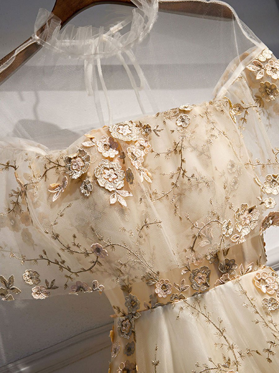 Robe de bal longue en dentelle et tulle champagne, robe formelle champagne BD83