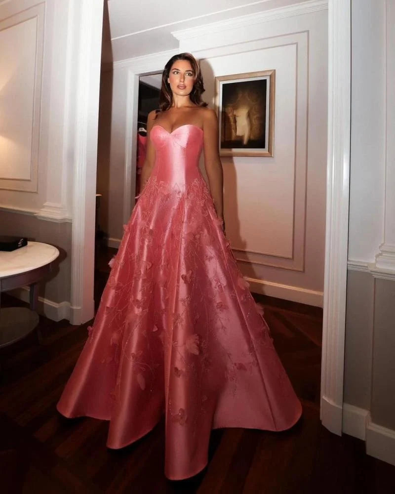 Robe de soirée en satin rose à col en cœur et coupe trapèze, longueur au sol, robe de bal BD2519