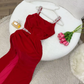 Elegant Sheath Straps Burgundy Satin Silver Beads Slit Long Prom Dresses Formal Dress C2737