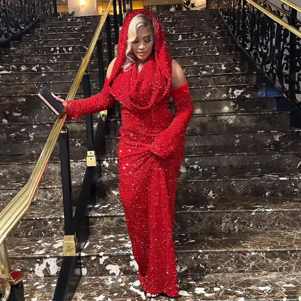 Sexy Mermaid Halter Red Sequin Long Prom Dress With Gloves C949