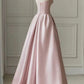 A-Line Satin Tulle Pink Long Prom Dress With Pearls B048