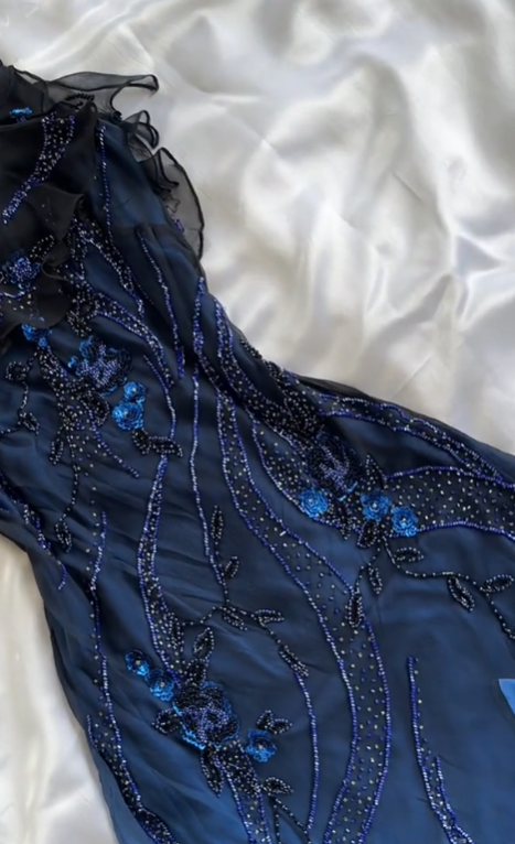 Elegant A Line Spaghetti Straps Navy Blue Chiffon Beads Long Prom Dresses Formal Dress C2743