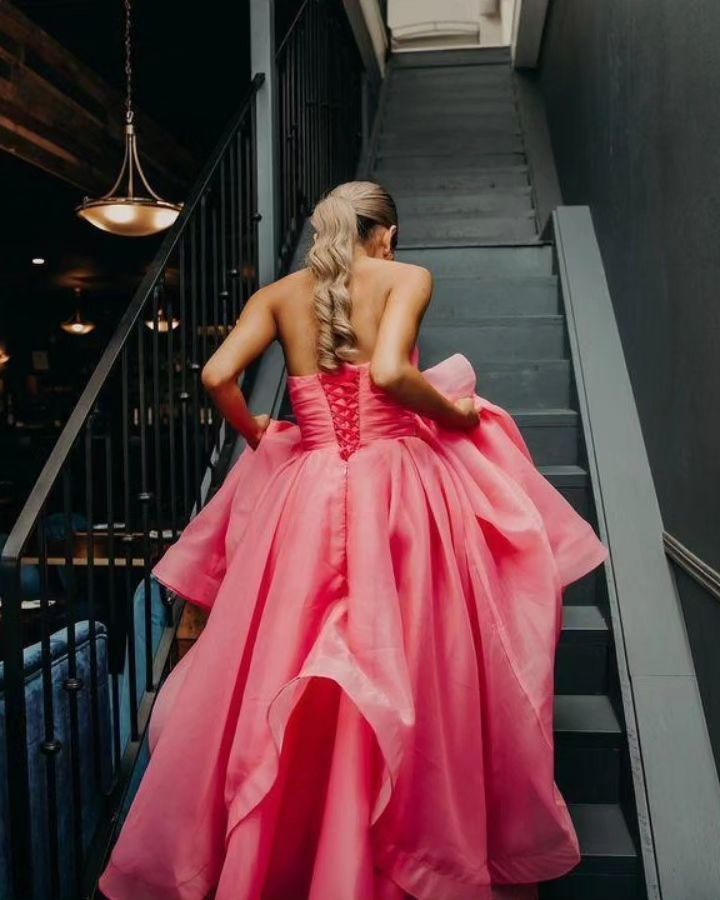 Pretty Light Pink A Line Strapless Organza Prom Dress Long Prom Dresses C2673