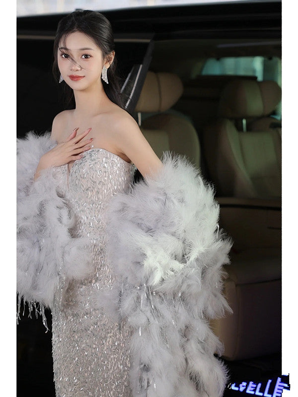 Elegant Mermaid Sweetheart Neckline Silver Sequin Evening Dress Long Prom Dresses C3511