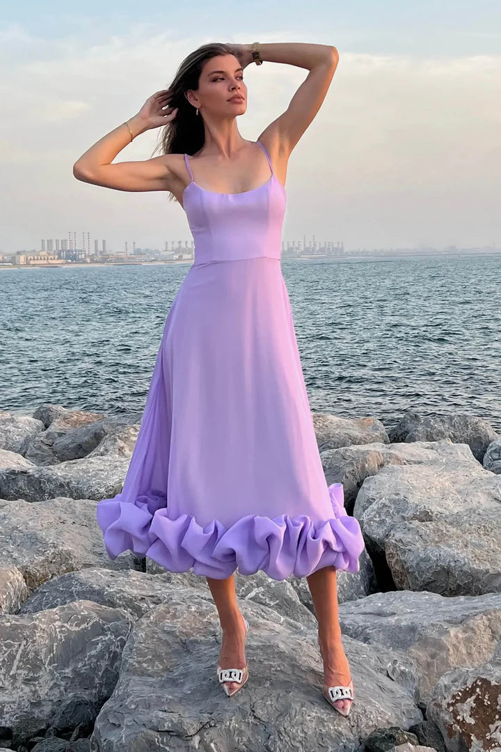 Robe de soirée vintage en satin lilas à bretelles spaghetti et volants, robe de bal BD2492