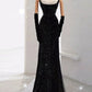 Robe de soirée longue élégante à bretelles spaghetti et paillettes noires avec perles C3518