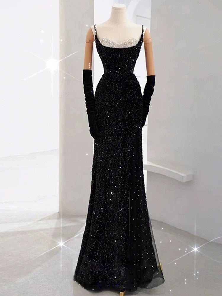 Robe de soirée longue élégante à bretelles spaghetti et paillettes noires avec perles C3518